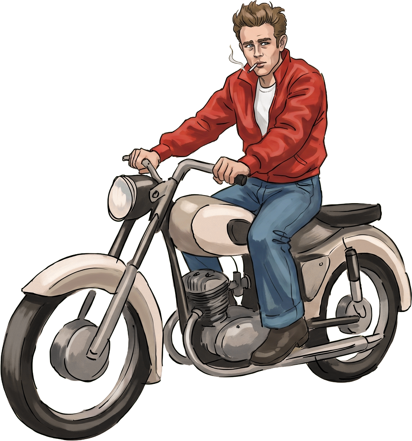 Colored illustration of James Dean riding a motorcycle in a red leather jacket, smoking a cigarette