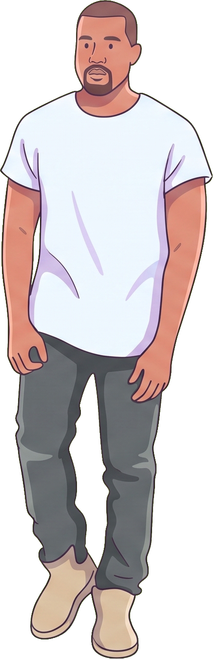 Colored illustration of Kanye West wearing a white t-shirt and jeans, standing on a runway