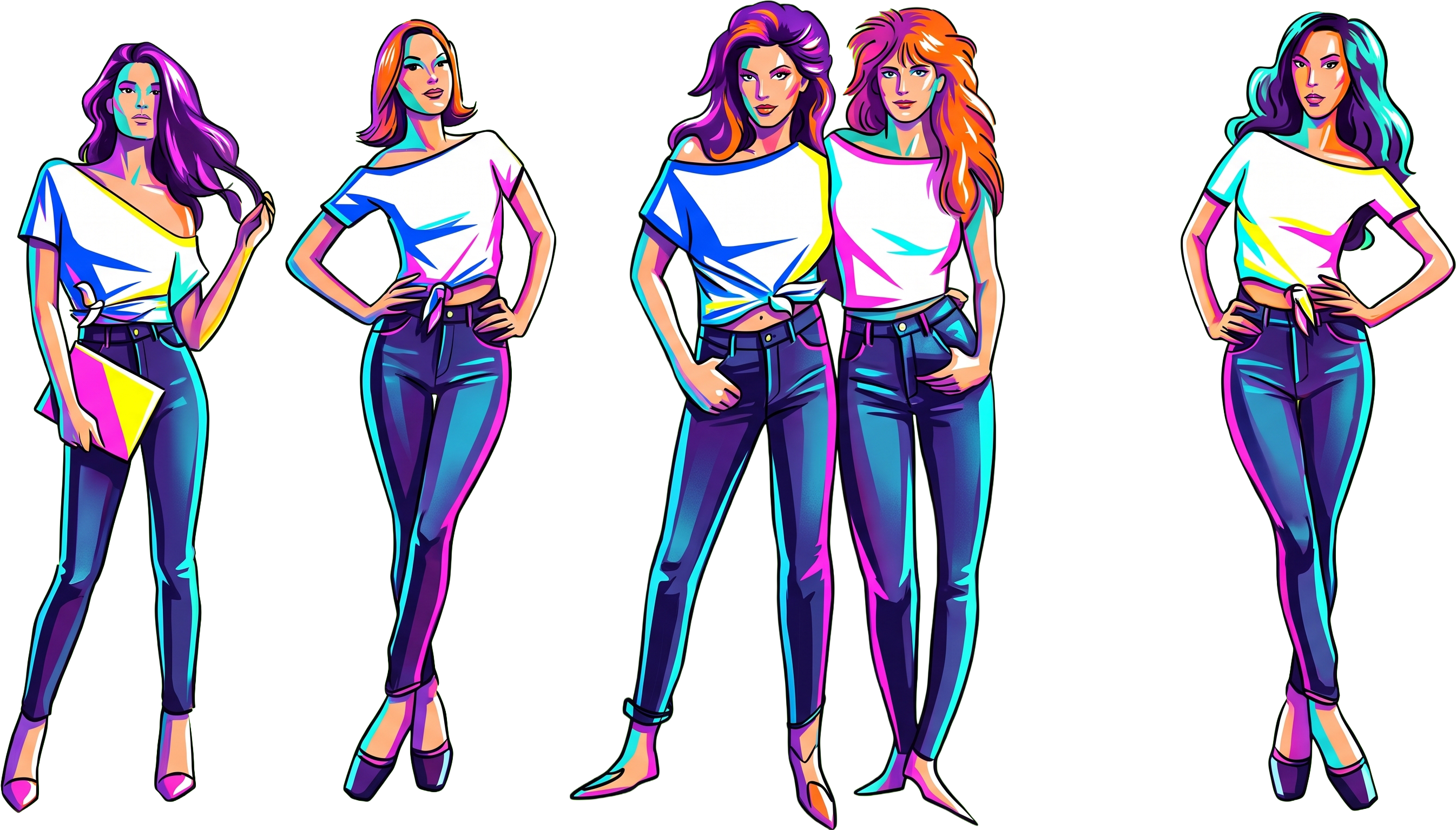 Colored pop-illustration of five supermodels in white t-shirts tied at the waist with high-rise jeans