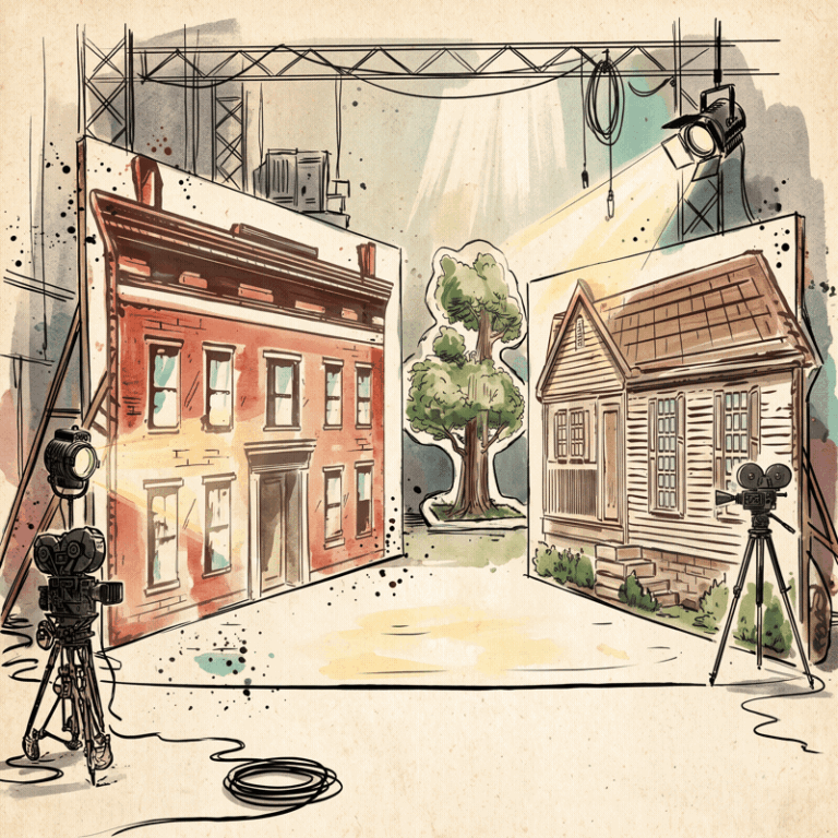 Animated build of a 1930s Hollywood red carpet premiere illustration, revealing the film set and five costumed figures one by one