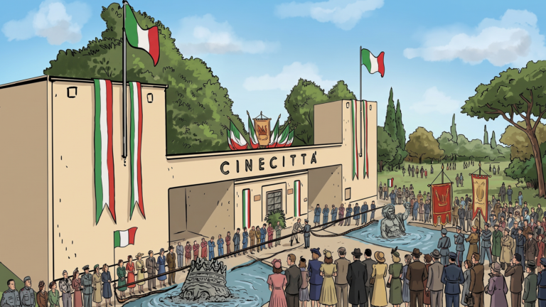 Colored illustration of a 1930s Cinecittà studio opening in Rome, with Italian flags, a crowd gathered at the gate, and a fountain statue in the foreground