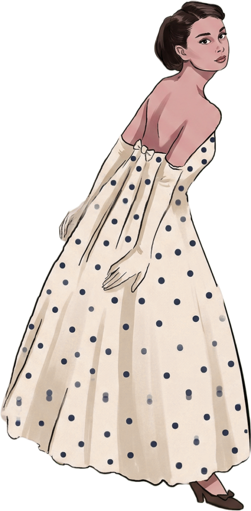 1950s fashion illustration of a woman in a strapless polka-dot ball gown seen from behind