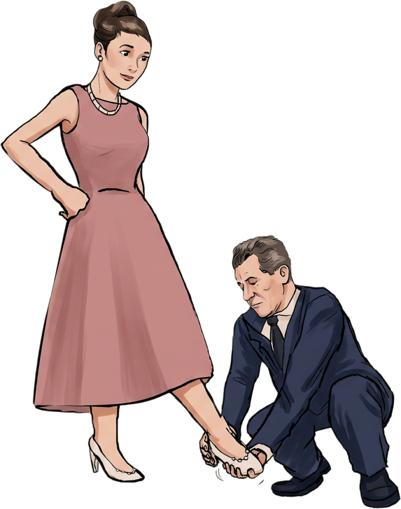 Illustration of a woman in a pink dress having her shoe fitted by a kneeling man in a suit