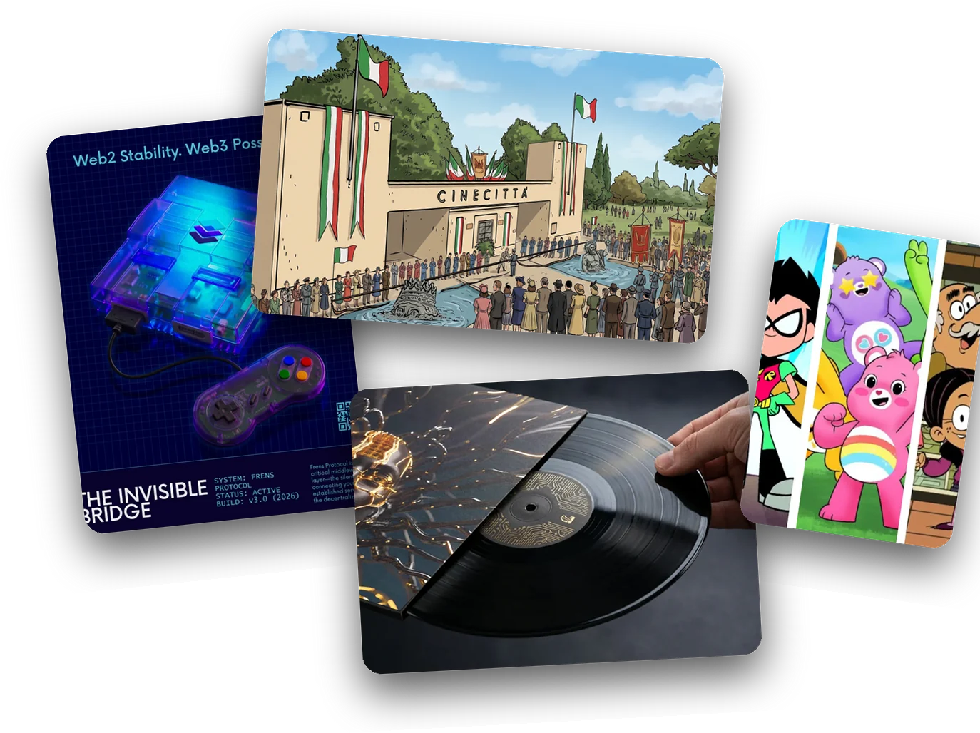 Selection of design work in one visual system: event poster, stage visual, app mockup and festival poster