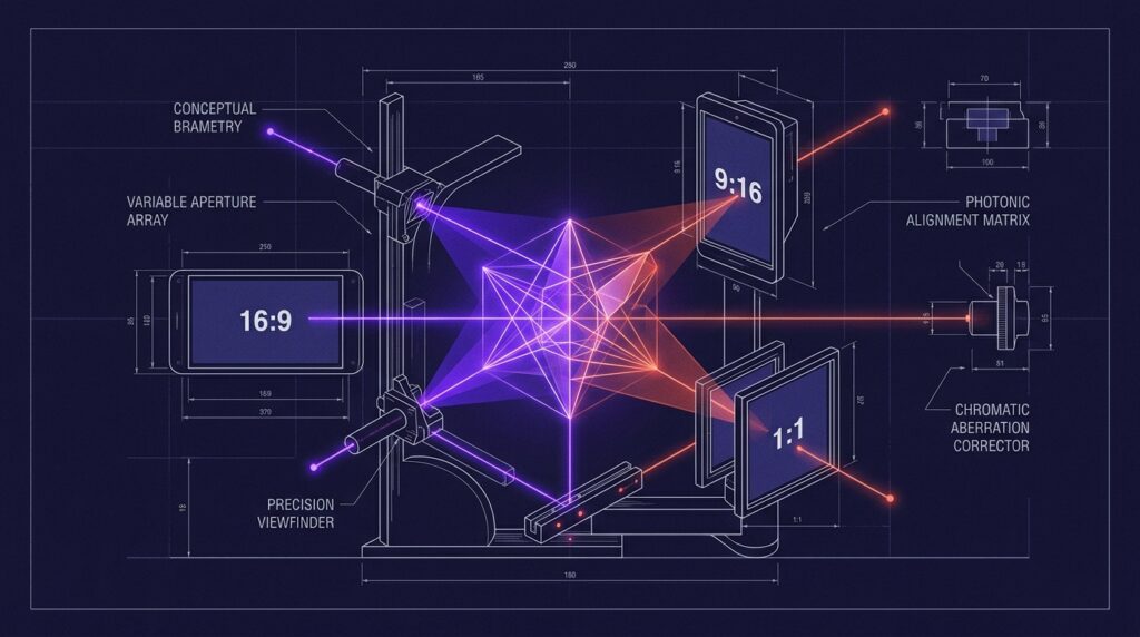 Motion design studio optical testing rig projecting campaign geometry across 16:9, 9:16, and 1:1 viewfinders