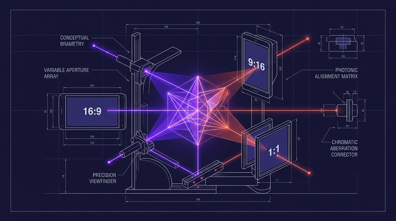 Motion design studio optical testing rig projecting campaign geometry across 16:9, 9:16, and 1:1 viewfinders