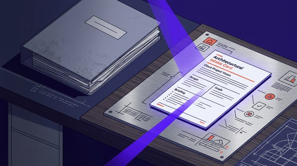 Architectural intake desk contrasting a bureaucratic multi-page questionnaire with an illuminated single-surface project card