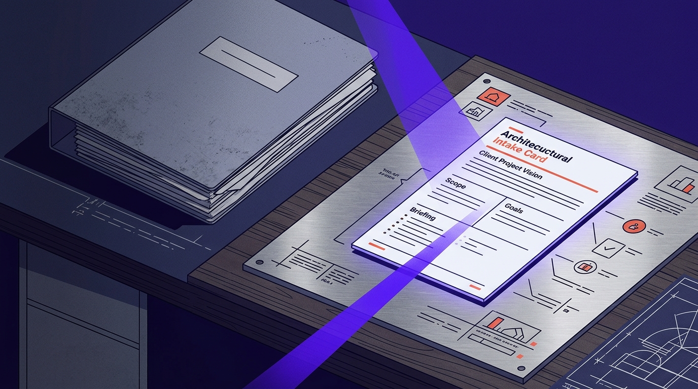Architectural intake desk contrasting a bureaucratic multi-page questionnaire with an illuminated single-surface project card