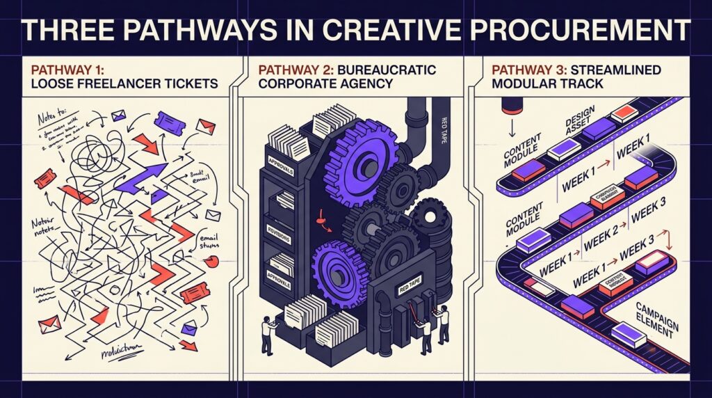 Three pathways in creative procurement: freelancers, corporate agency, and streamlined retainer