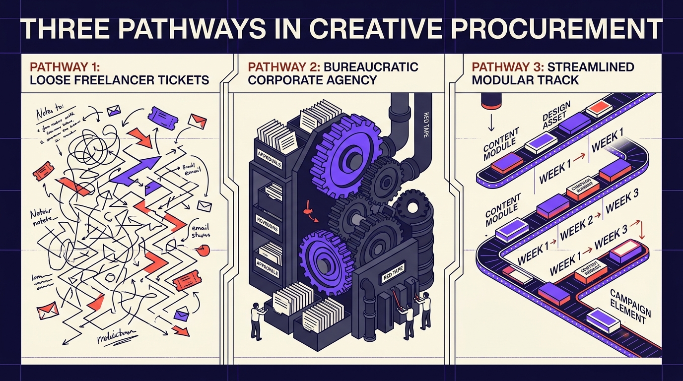 Three pathways in creative procurement: freelancers, corporate agency, and streamlined retainer